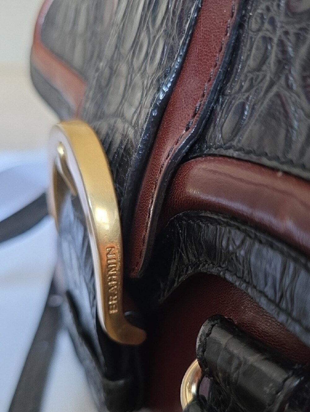 Vintage Brahmin Black Croc-Trim and Brown Leather Satchel - Picture 8 of 14